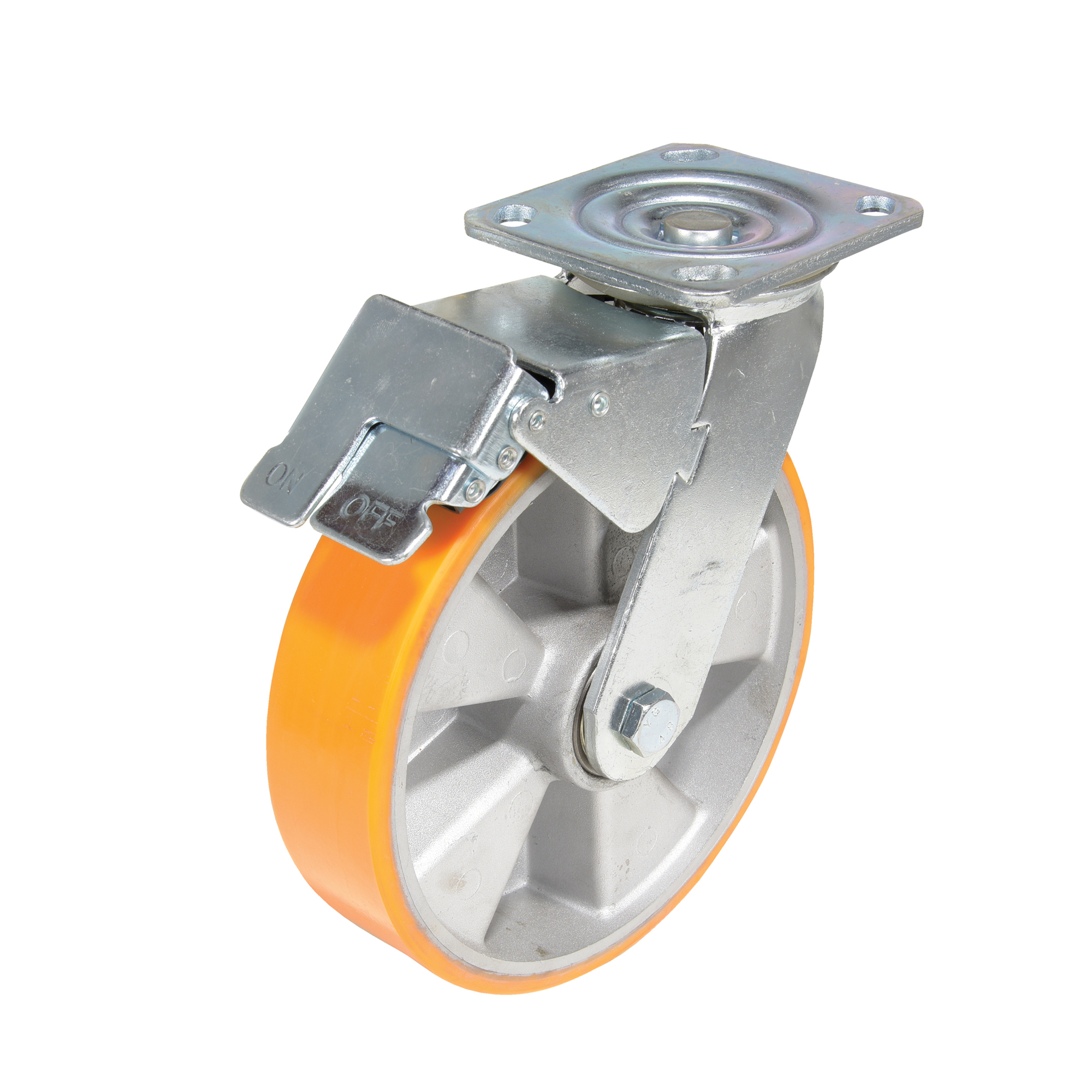 Vestil Polyurethane Swivel Caster with Total Brake - 8in. Wheel Diameter, 1543-Lb. Capacity, Zinc Plated, Model# CST-VE-8X2PUA-SWTB